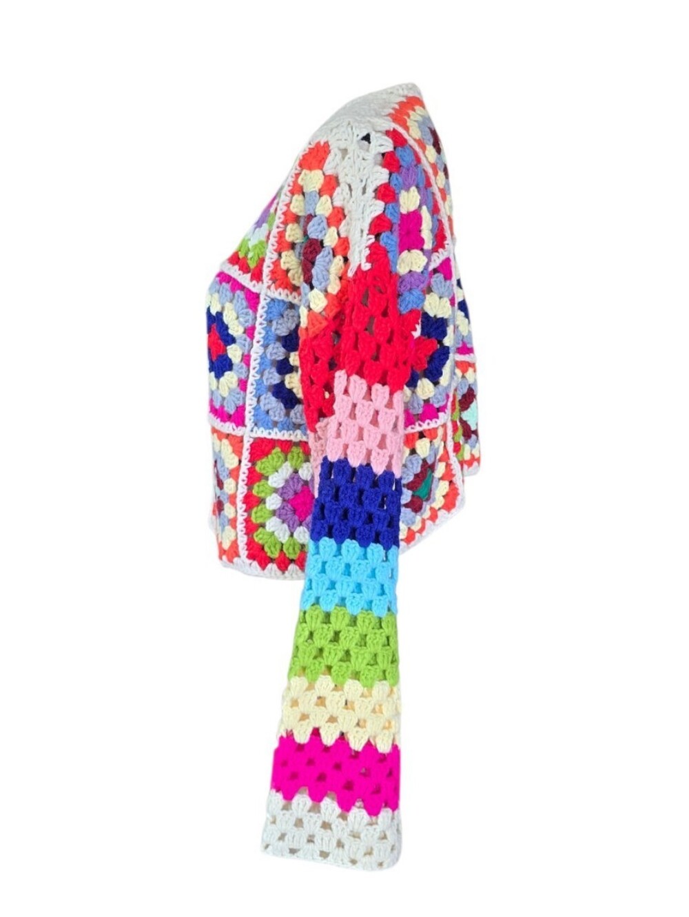 Revel Crochet Granny Square Cream Multicolor Cropped Cardigan Sweater S - Picture 3 of 7